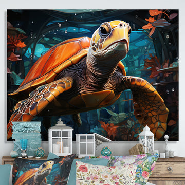 Turtle Journey Floral Geometric - Brown Turtle Wall Art
